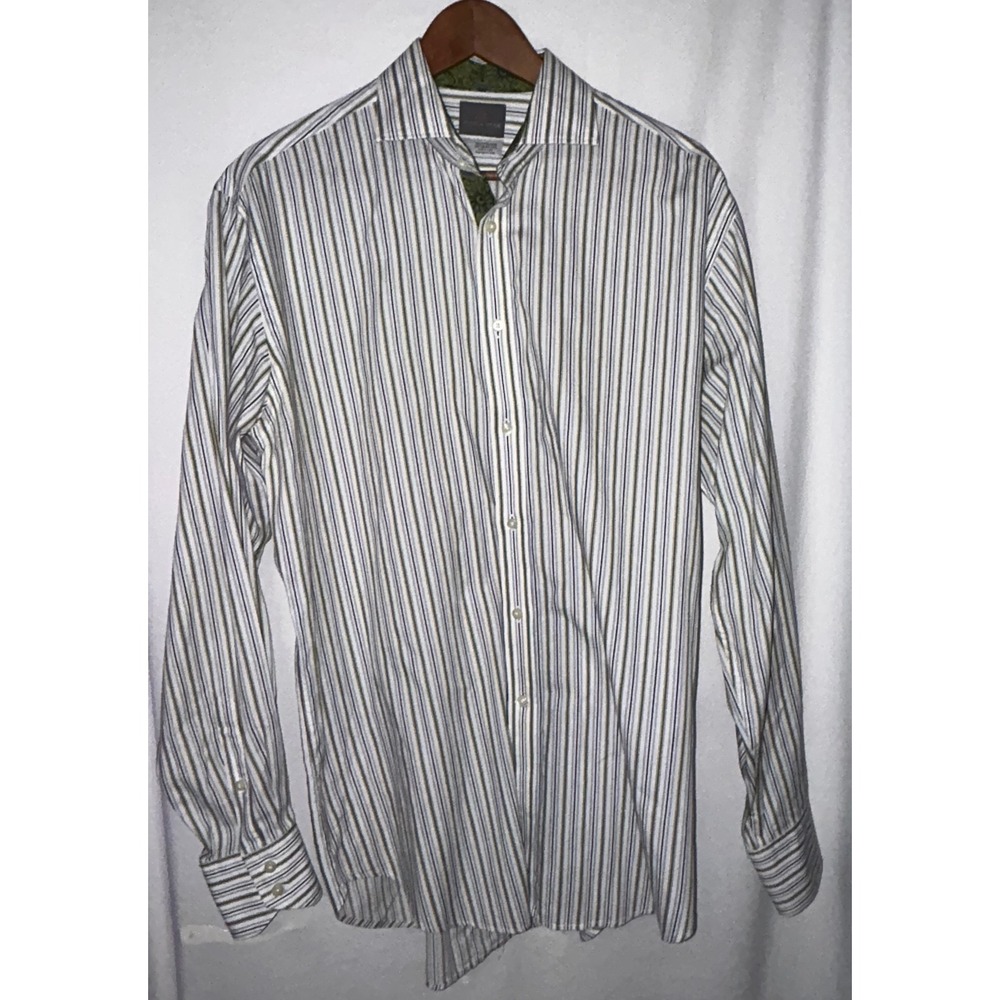 Thomas Dean Men's Striped Button Down Dress‎ Shirt Green Blue Long Sleeve